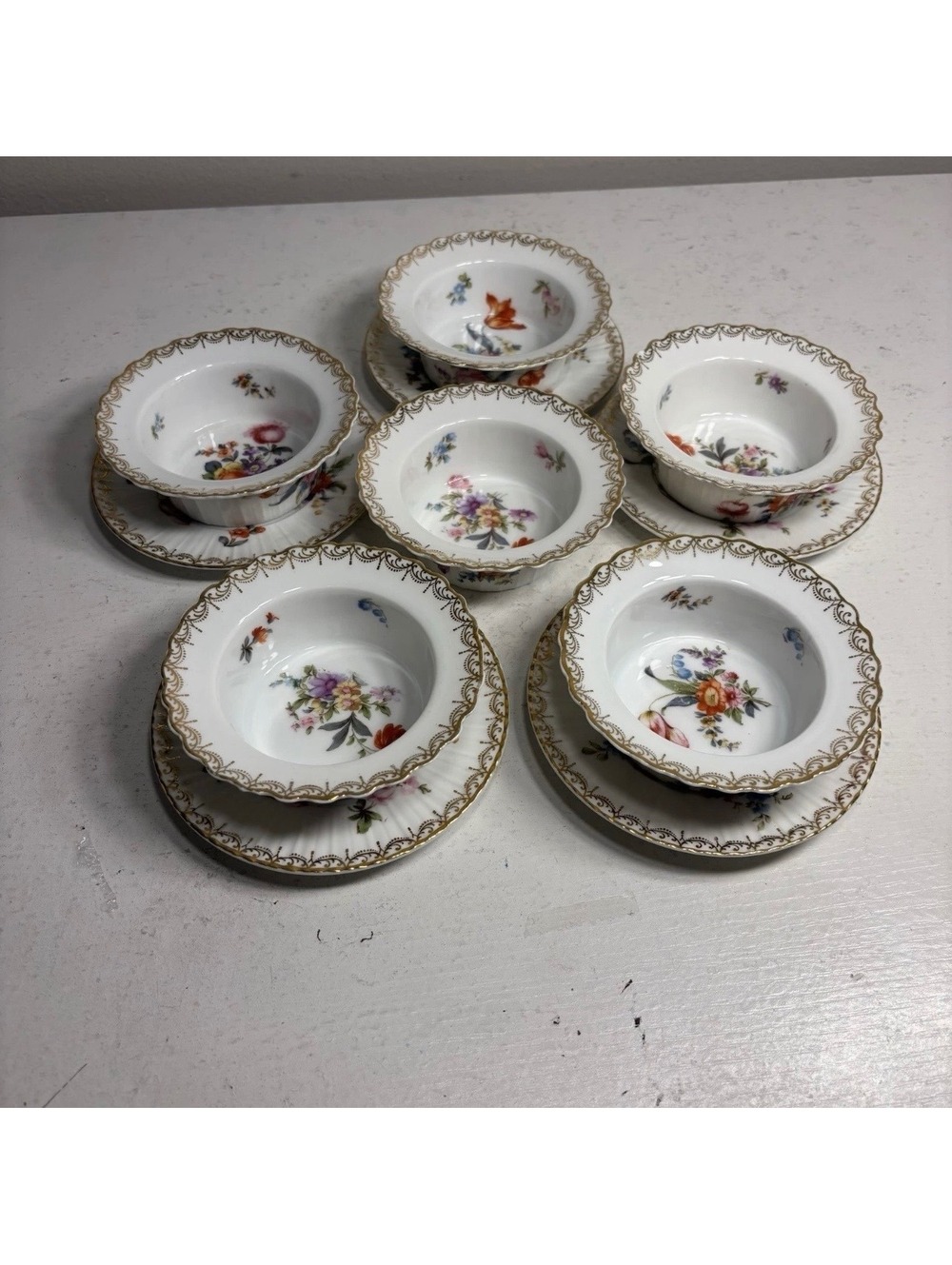 Vintage Bavaria Floral Bone China 6 Ramekin & 5 Saucer Set